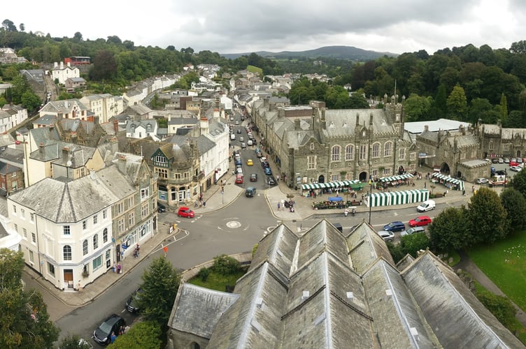 Bird’s eye view of Tavistock Town centre of the Guildhall, from the parish church tower