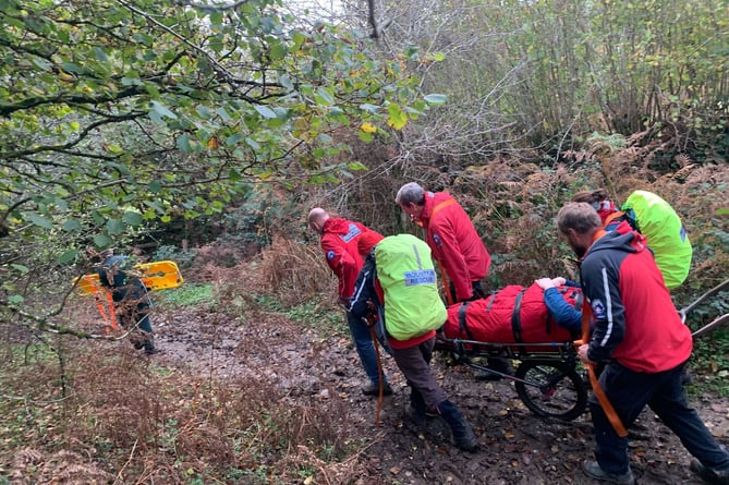 Dartmoor Search and Rescue Team Tavistock stretcher man to safety at Knowle Down, Walkhampton