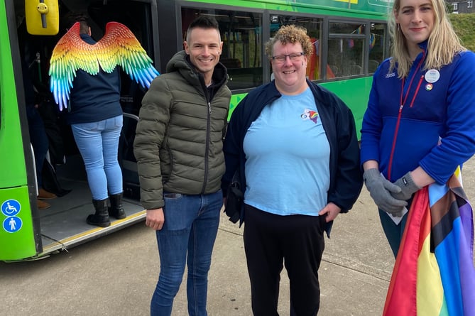 Matthew Kenworthy Gomes and Annie Kenton from Cornwall Pride and Callignton Tesco Community Champion Juliet Williams