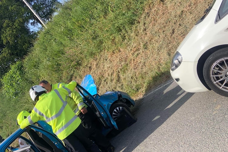 Crash shuts the road between Tavistock and Lamerton.
Picture Lianne Carr (8-6-23)