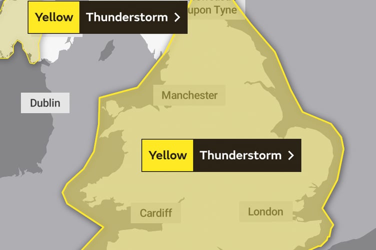 The area covered by the Met Office's updated Yellow Warning of storms for today.
Image Met Office 18-6-23