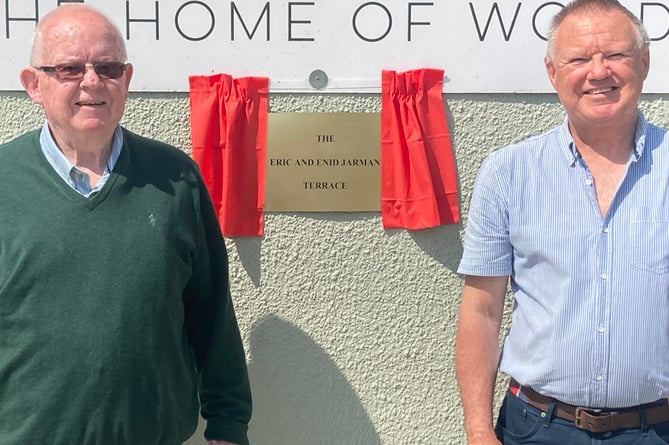 Andrew and Robert Jarman unveil the plaque for this parents at Tavistock Golf Club