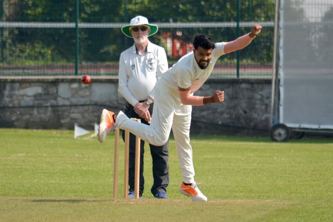 Yelverton's opening bowler Deepanshu Gahlawat flings down a delivery in the match against South Devon, which his team lost by eight wickets
 