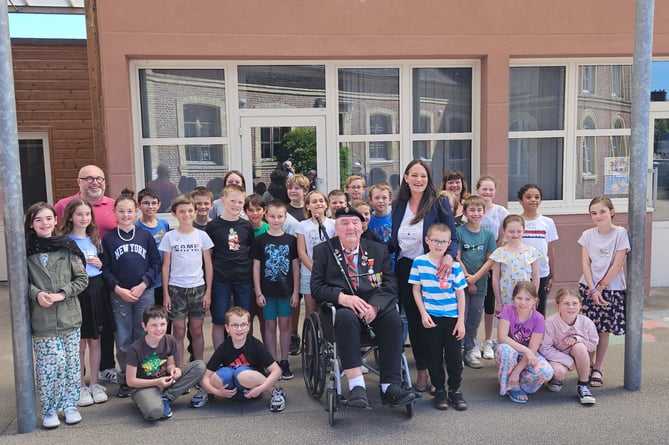 D-Day 80 commemorations in France: Richard Aldred at Caen City Hall & French children.