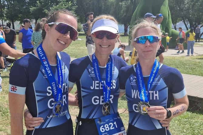 L to R: European triathlon successes -Hannah Smith fifth in 25-29 age cat  (PB);. Jenny Jeeves silver age cat and Hannah Worth, 40-45 age cat.