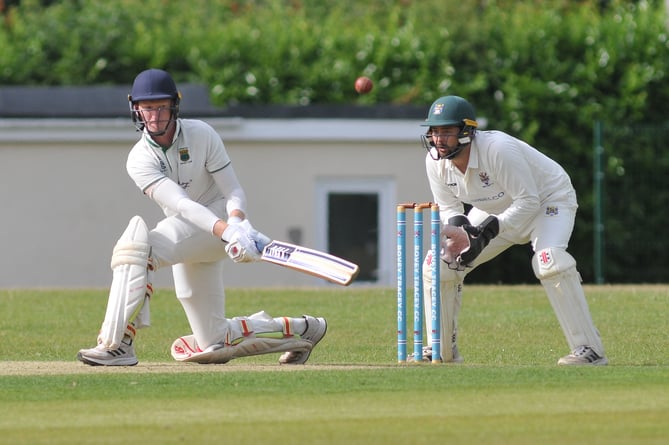 Devon Cricket League Premier  Division West. Bovey Tracey versus Cornwood. Cornwood's Elliott Staddon and Bovey's 'keeper Lewis Hammett