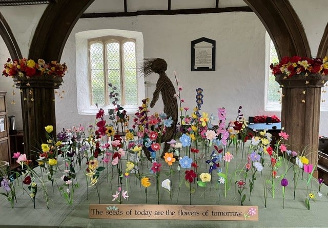 Handmade wildflowers made by people in the community have gone on display in the parish church at Dowland near Winkleigh