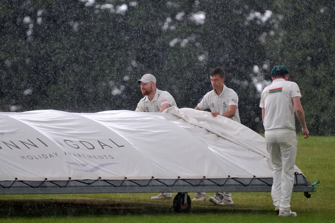 Devon Cricket League E Division West. Teignmouth and Shaldon 2nd XI versus Lewdown 1st XI. Match was abandoned due to rain after 13 overs with both sides being awarded nine points