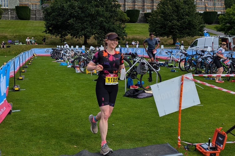 Jessica Pearce on a strong run finishing at the Mount Kelly College Triathlon at Tavistock. 