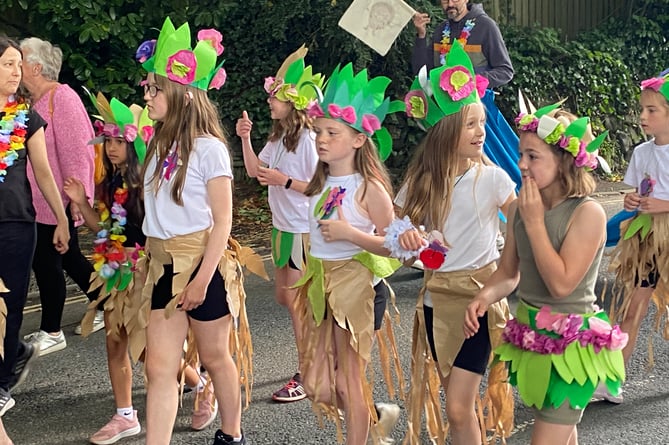 Tropical cheer and colour at Tavistock Carnival procession.