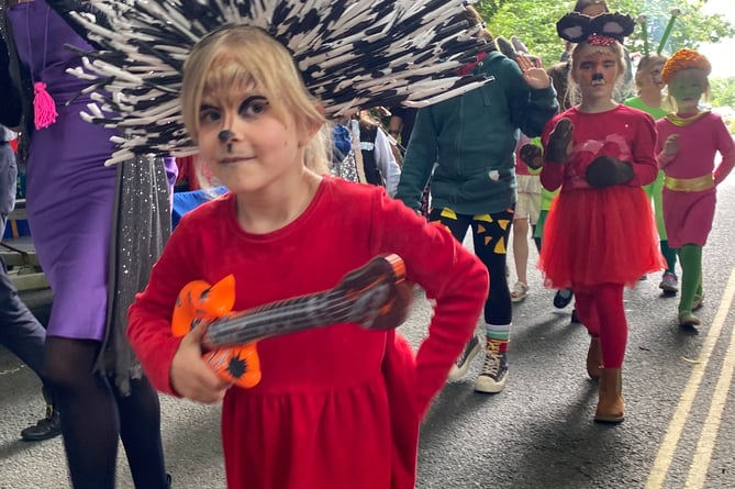 Pretty in red - a youngster with dramatic head dress makes an impact at Tavistock Carnival.