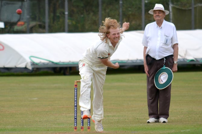 Hatherleigh's Jamie Presswell lets fly in his side's game at Thorverton, who crushed them by 162 runs