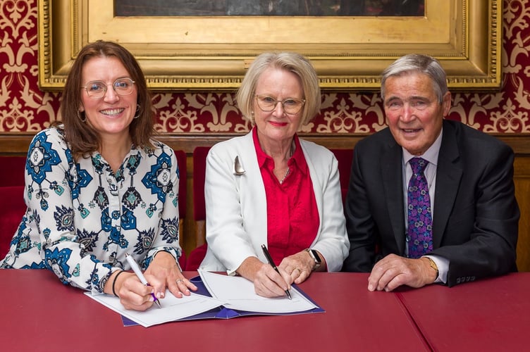 Baroness Watkins of Tavistock (centre) joins ROSPA's top team, with CEO Rebecca Hickman and Life President Lord Jordan.