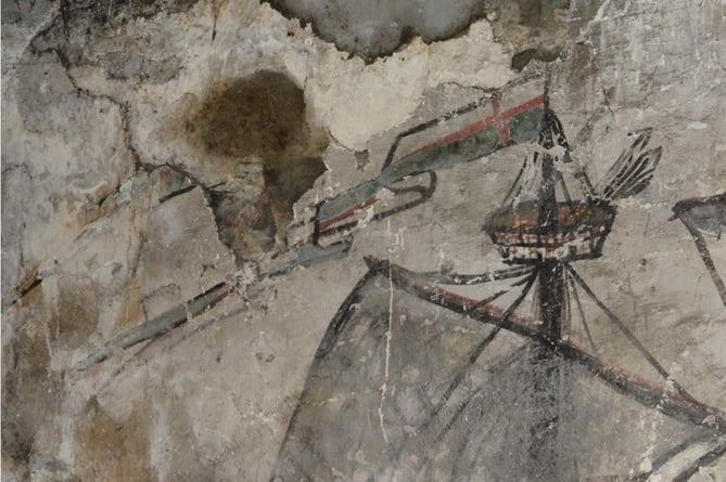 A detail in the painting shows the crow's nest with what research has revealed to be 'fire arrows' that would explode in close combat