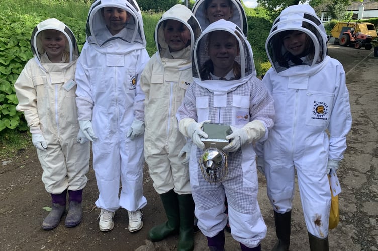 Young apiarists from Mount Kelly College protected against stings as they collect their honeycombs.  