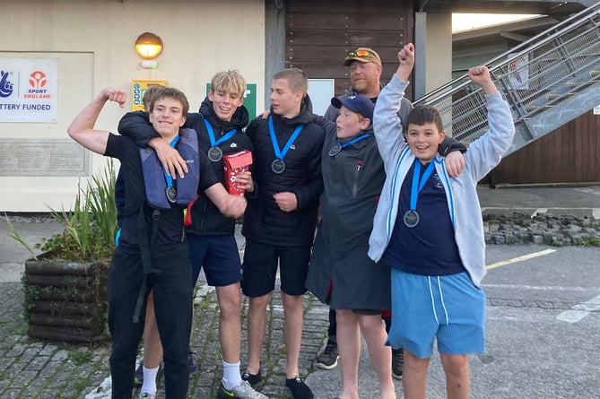 The Tamar and Tavy boys, with cox Neil Richards, celebrating their success at Mount Batten after coming third in the U14 category. (Picture: Tamar and Tavy Gig Rowing Club).