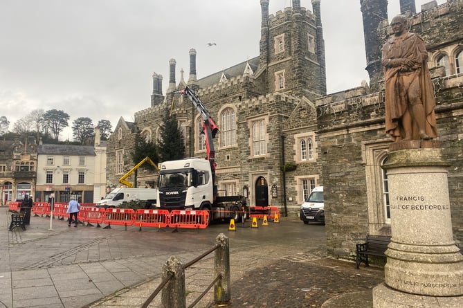 The second (and tallest) tree added today to Tavistock Lions charity Trees of Light display on the town hall today.