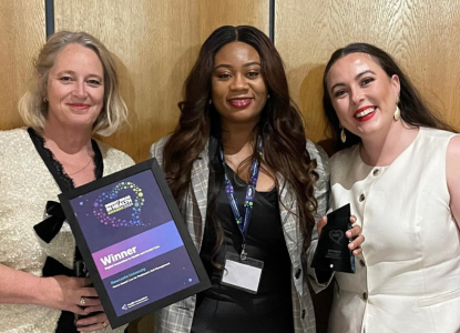 Nicky Stapleton, Katie Bounsall and Precious Onyeachu with the Parkinson's self-care award.