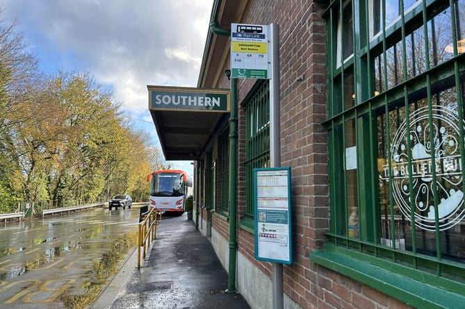 The bus stop at Okehampton station where passengers were left stranded