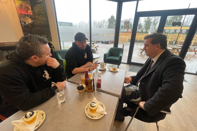 Mel Stride MP, right, chats fro Steve Doyle, left, and Simon Chudley, centre about Andy's Man Club